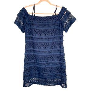 Tahari Navy Blue Lace Tassel Off Shoulder Mini dress Size S / 6